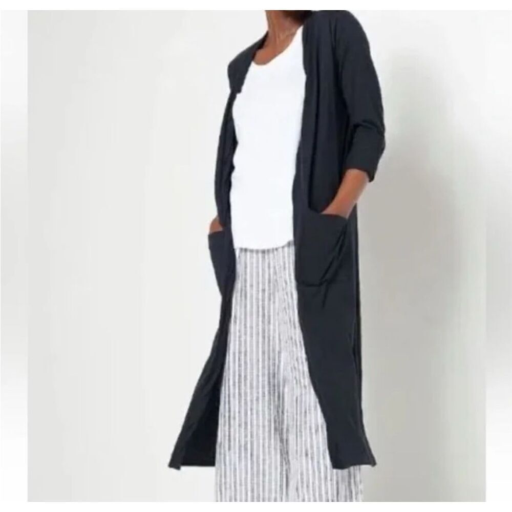 Jason Wu Black Waffle Knit Duster Cardigan Open Front Longline Sweater Small